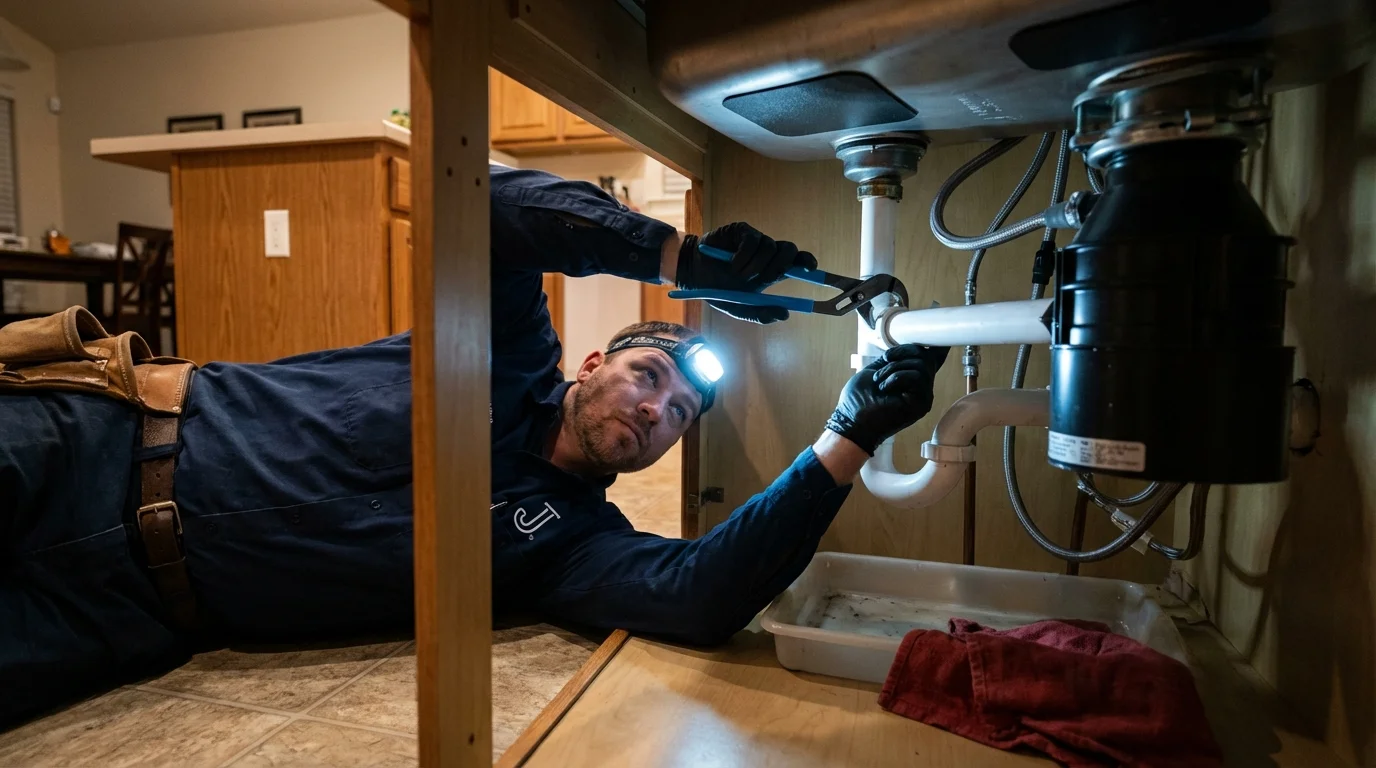P-trap and supply line connections under a kitchen sink showing a common leak point in Elizabethtown, KY